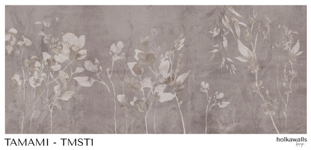 Tapeta winylowa struktura płótna gałązki i liście beżowa - TAMAMI (stone)