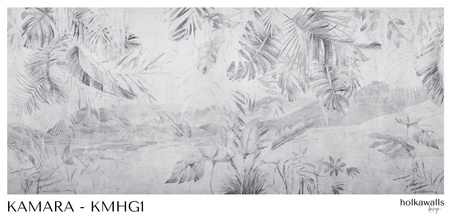 Tapeta winylowa struktura płótna tropikalne liście czarno-biała - KAMARA gray (landscape)