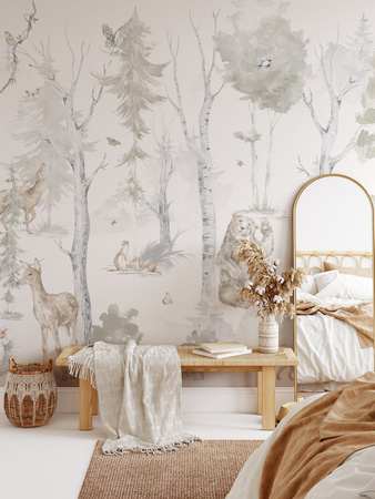 Tapeta winylowa struktura płótna dziecięca kolorowa las zwierzęta - BEAR SAYS HELLO! beige