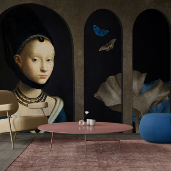 Tapeta winylowa struktura płótna malarstwo - GIRL WITH BUTTERFLIES (blue)