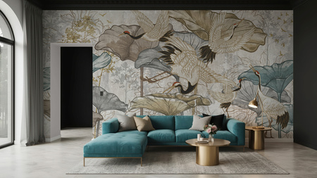 Tapeta winylowa struktura płótna żurawie orientalna kolorowa - NANAMI light