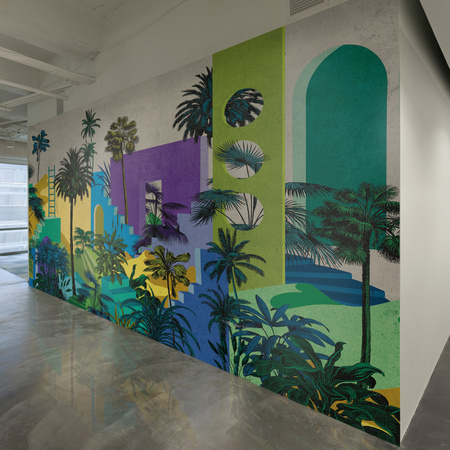 Tapeta winylowa struktura płótna tropikalna architektura kolorowa - OASIS blue