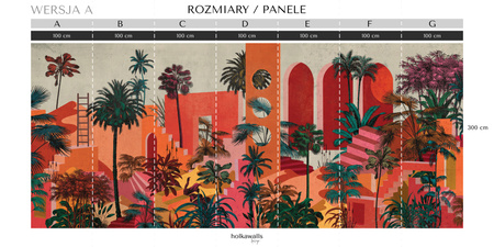Tapeta winylowa struktura płótna tropikalna architektura kolorowa - OASIS red