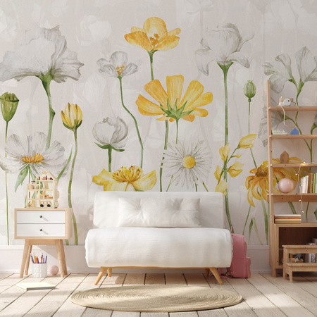 Tapeta winylowa struktura płótna kwiaty żółte łąka - AUDREY yellow (shadow)