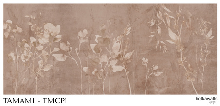 Tapeta winylowa struktura płótna gałązki i liście miedziana - TAMAMI (copper)