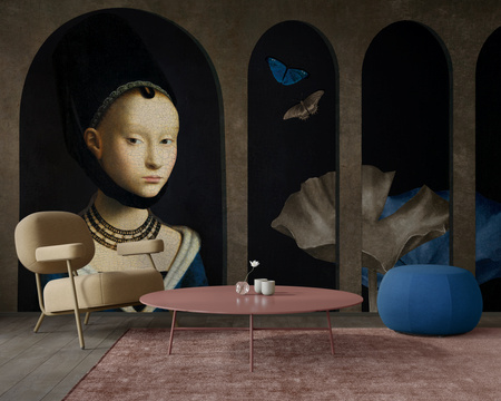 Tapeta winylowa struktura płótna malarstwo - GIRL WITH BUTTERFLIES (blue)