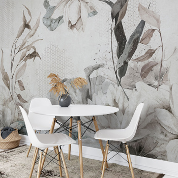 Tapeta winylowa struktura płótna liście lilie beżowa zielona - MORNING MEADOW decor