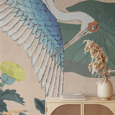 Tapeta winylowa struktura płótna żurawie orientalna kolorowa - MIZUMI rosa