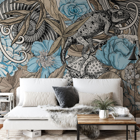 Tapeta winylowa struktura płótna kwiaty graffiti kolorowa - SAUROS blue (lizard)