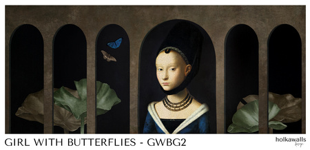 Tapeta winylowa struktura płótna malarstwo - GIRL WITH BUTTERFLIES (green)