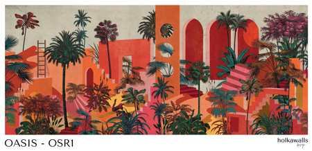 Tapeta winylowa struktura płótna tropikalna architektura kolorowa - OASIS red