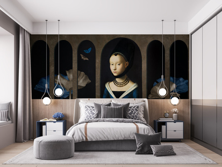 Tapeta winylowa struktura płótna malarstwo - GIRL WITH BUTTERFLIES (blue)