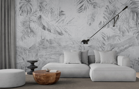 Tapeta winylowa struktura płótna tropikalne liście czarno-biała - KAMARA gray (landscape)