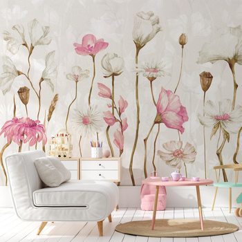 Tapeta winylowa struktura płótna kwiaty różowe łąka  - AUDREY pink (shadow)