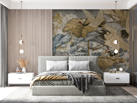 Tapeta winylowa struktura płótna żurawie orientalna kolorowa - NANAMI dark