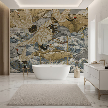 Tapeta winylowa struktura płótna żurawie orientalna kolorowa - NANAMI dark