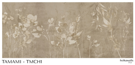 Tapeta winylowa struktura płótna gałązki i liście beżowa - TAMAMI (champagne)