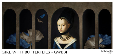 Tapeta winylowa struktura płótna malarstwo - GIRL WITH BUTTERFLIES (blue)
