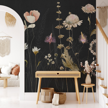 Tapeta winylowa struktura płótna kolorowa kwiatowa łąka czarne tło -  DARCY dark (only flowers)