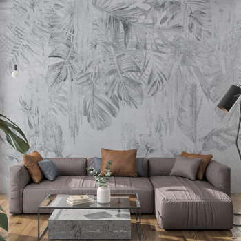 Tapeta winylowa struktura płótna tropikalne liście czarno-biała - KAMARA  gray (rustic)