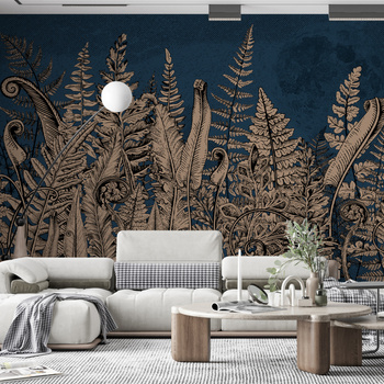Tapeta winylowa struktura płótna liście paproci księzyc - OVER THE MOON blue