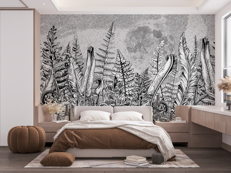 Tapeta winylowa struktura płótna liście paproci księzyc - OVER THE MOON white