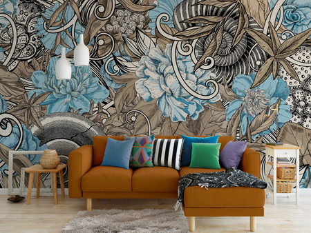 Tapeta winylowa struktura płótna kwiaty graffiti kolorowa - SAUROS blue (fossil)