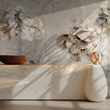 Tapeta winylowa struktura płótna kwiaty peonie rybki beżowa - NAYLA beige (underwater)