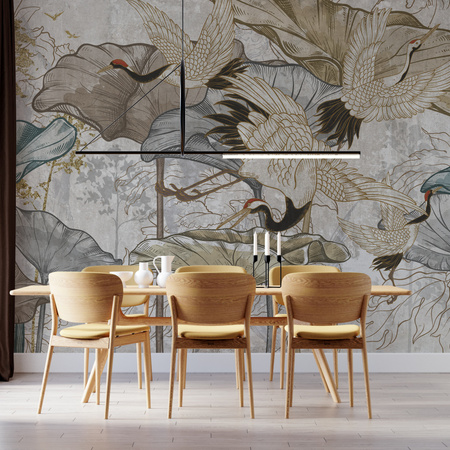 Tapeta winylowa struktura płótna żurawie orientalna kolorowa - NANAMI light