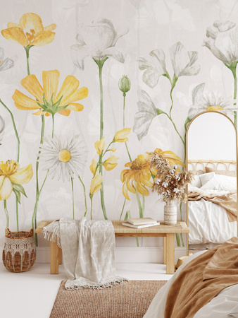 Tapeta winylowa struktura płótna kwiaty żółte łąka - AUDREY yellow (shadow)