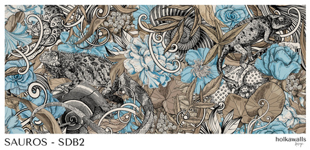 Tapeta winylowa struktura płótna kwiaty graffiti kolorowa - SAUROS blue (lizard)