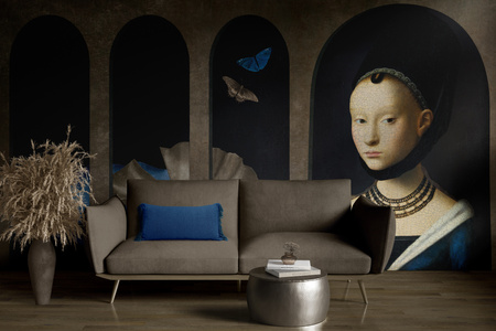 Tapeta winylowa struktura płótna malarstwo - GIRL WITH BUTTERFLIES (blue)