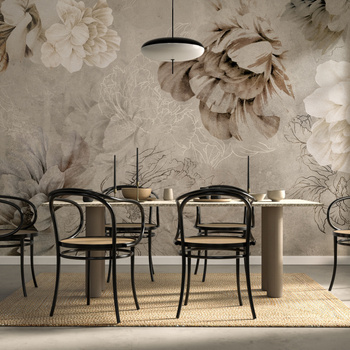 Tapeta winylowa struktura płótna kwiaty peonie rybki beżowa - NAYLA beige (flowers)