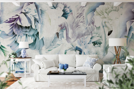 Tapeta winylowa struktura płótna kwiaty flamingi kolorowa - IMALAI icy