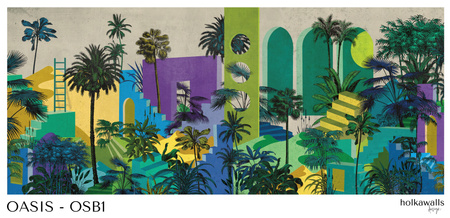 Tapeta winylowa struktura płótna tropikalna architektura kolorowa - OASIS blue