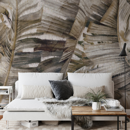 Tapeta winylowa struktura płótna liście tropikalne zielona - MONSOON yellow