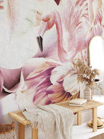 Tapeta winylowa struktura płótna kwiaty flamingi różowa - IMALAI tropical