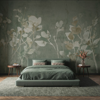 Tapeta winylowa struktura płótna gałązki i liście zielona - TAMAMI (green)