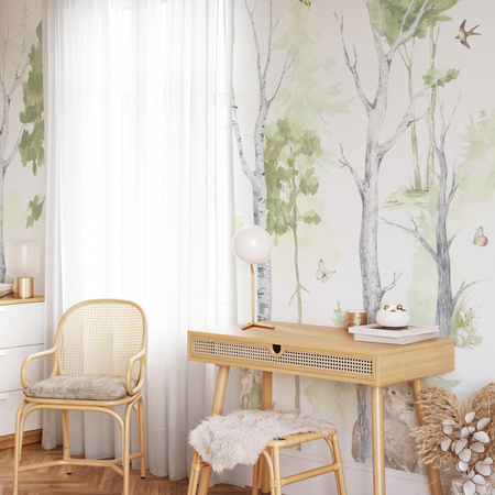 Tapeta winylowa struktura płótna dziecięca kolorowa las zwierzęta - BEAR SAYS HELLO! pastel