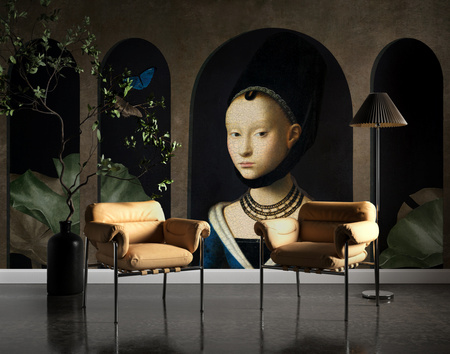 Tapeta winylowa struktura płótna malarstwo - GIRL WITH BUTTERFLIES (green)