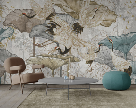 Tapeta winylowa struktura płótna żurawie orientalna kolorowa - NANAMI light