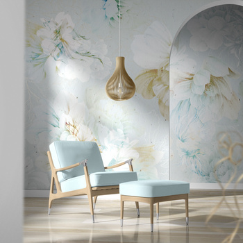 Tapeta winylowa struktura płótna kwiaty peonie rybki niebieska - NAYLA blue (underwater)