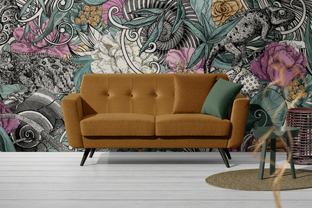 Tapeta winylowa struktura płótna kwiaty graffiti kolorowa - SAUROS pink (lizard)