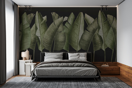 Tapeta winylowa struktura płótna liście bananowca zielona czarne tło - TALAMANCA dark (green)