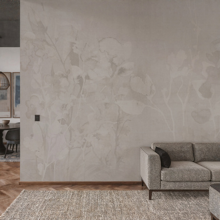 Tapeta winylowa struktura płótna gałązki i liście écru - TAMAMI (light)