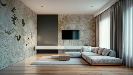 Tapeta winylowa struktura płótna żurawie orientalna kolorowa - NANAMI pure