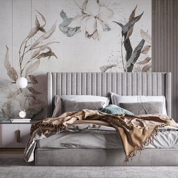 Tapeta winylowa struktura płótna liście lilie beżowa zielona - MORNING MEADOW light