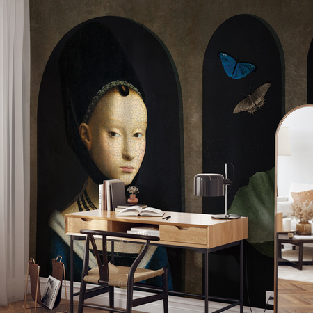 Tapeta winylowa struktura płótna malarstwo - GIRL WITH BUTTERFLIES (green)