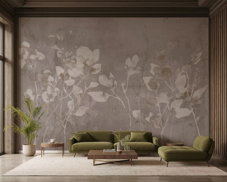 Tapeta winylowa struktura płótna gałązki i liście beżowa - TAMAMI (stone)