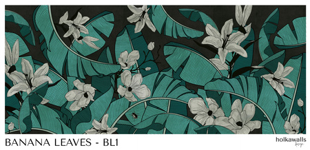 Tapeta winylowa struktura płótna liście bananowca kwiaty czarne tło - BANANA LEAVES